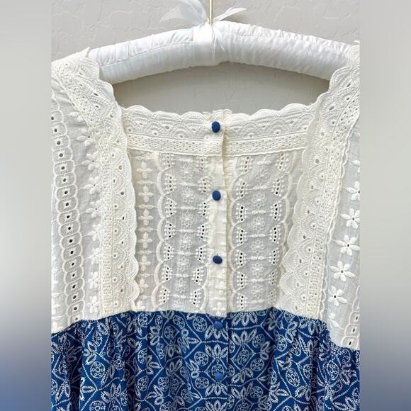 KORI AMERICA | Blue Boho Peasant Top Lace Eyelet Trim NWT | Small - Picture 4 of 8